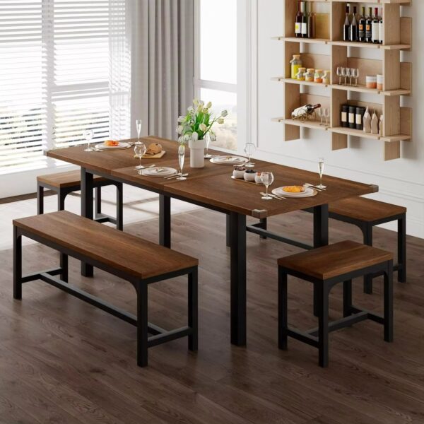 Dining Table Set with 6 Stools, Extendable Kitchen Table Set for 4-8